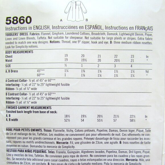 GIRL'S DRESS PATTERN, Sz 1/2 - 4 TODDLER - SIMPLICITY 5860 UNCUT, NWT FOR SEWING - Picture 4 of 5